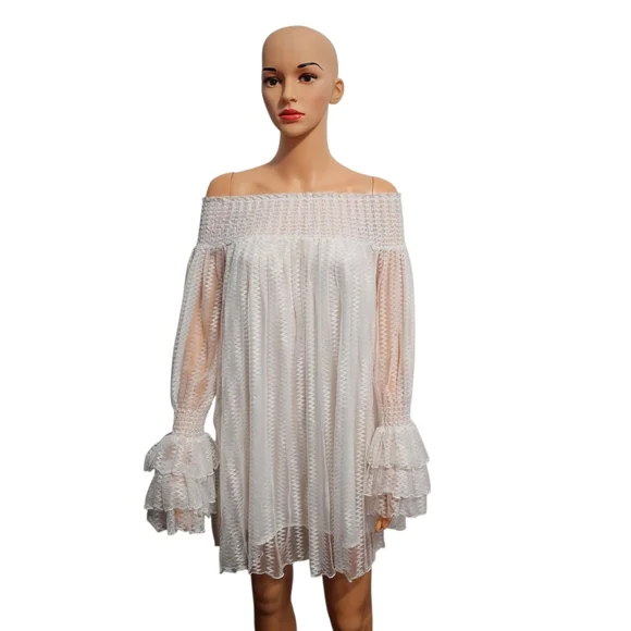 CQ by CQ Lace White Off-Shoulder Ruffle Bell Sleeve Romantic Mini Dress Sz M - Picture 2 of 8
